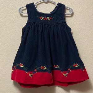 Vintage Girls Embroidered Denim and Red Floral Dress